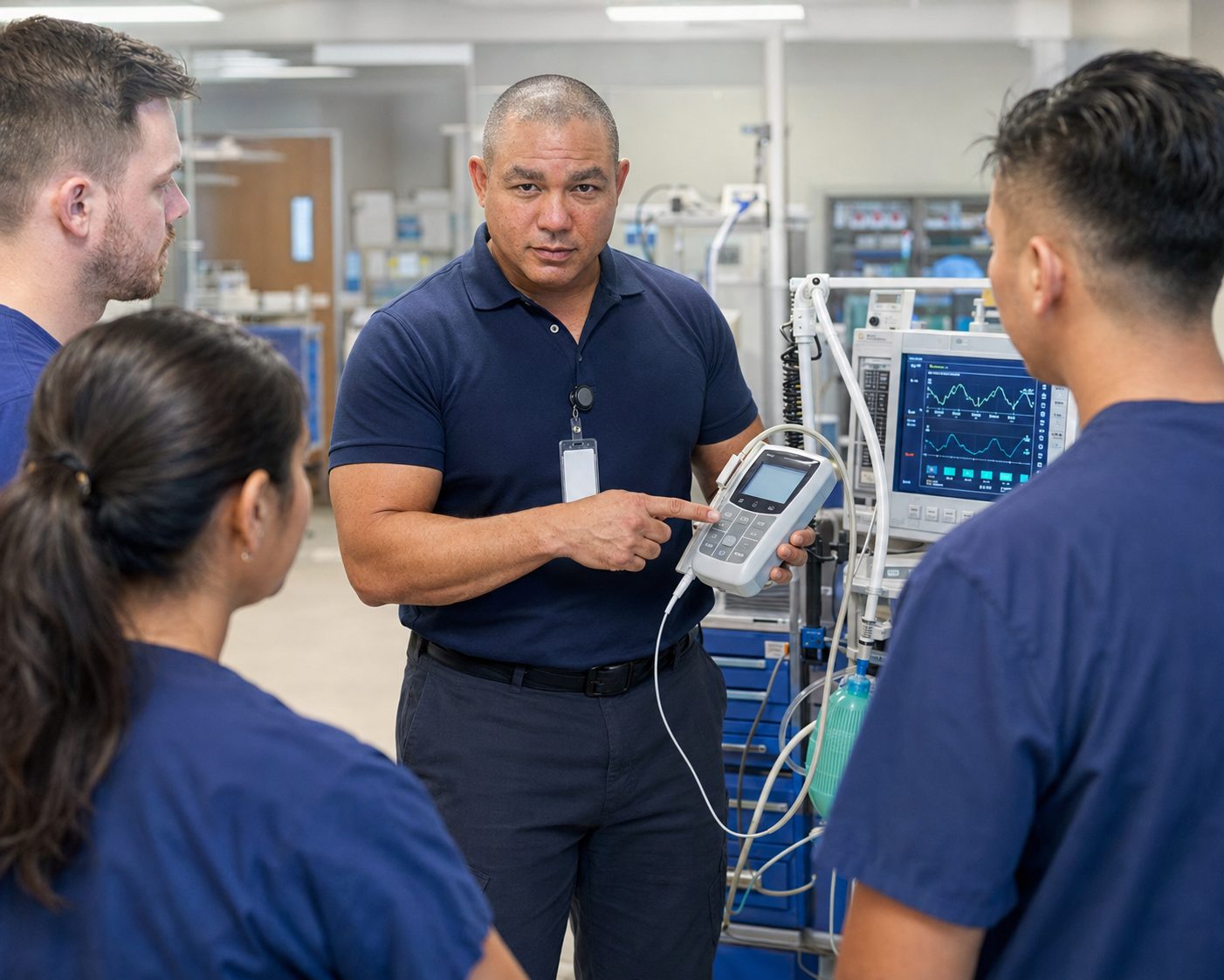 Biomedical engineer servicing hospital equipment